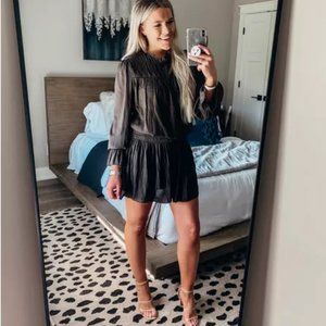 Vestique Wishing Well gray smocked waist balloon sleeve silky midi dress S